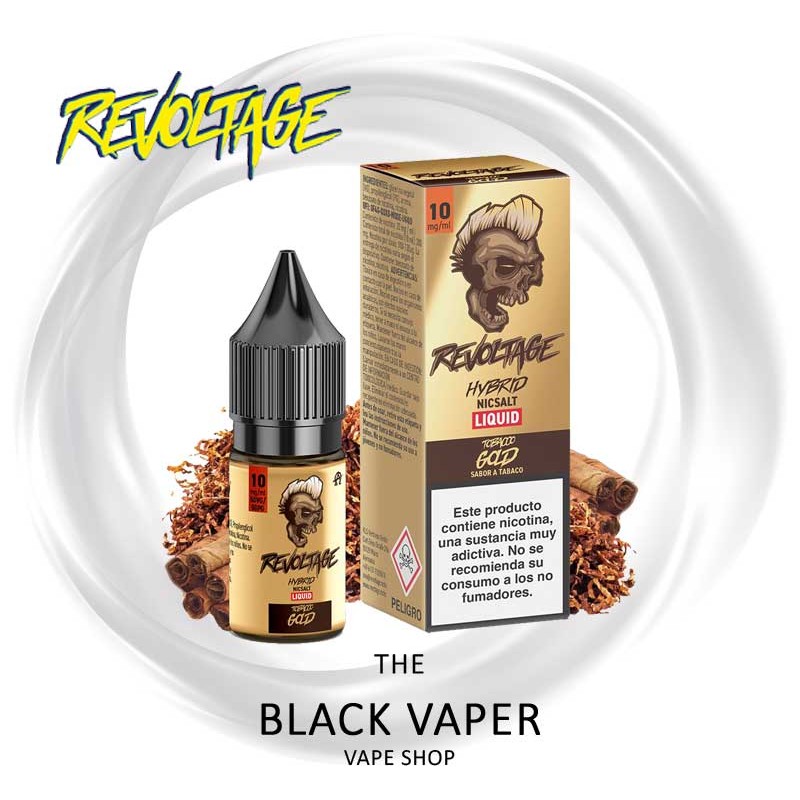 Compra Tobacco Gold 10ml de Revoltage Hybrid Nic Salts con sabor a tabaco dorado.