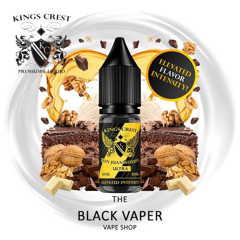 Compra Don Juan Reserve Ultra 10ml de Kings Crest Salts con sabor a tarta, chocolate, mantequilla, nueces pecán, crema batida.