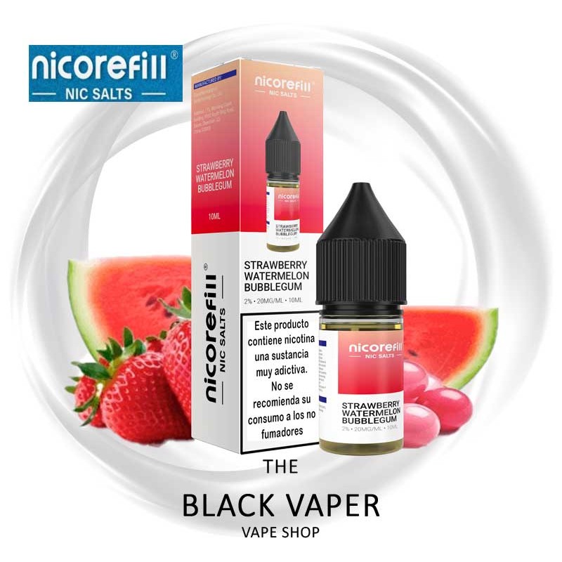 Compra Strawberry Watermelon Bubblegum 10ml de Nicorefill nic Salts con sabor a chicle, fresa, sandia.