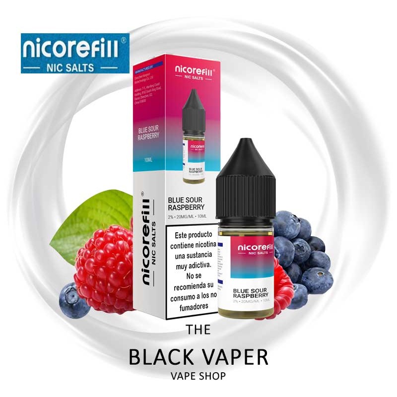 Compra Blue Sour Raspberry 10ml de Nicorefill nic Salts con sabor a arándano azul, frambuesa azul.