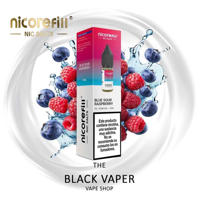 Compra Blue Sour Raspberry 10ml de Nicorefill nic Salts con sabor a arándano azul, frambuesa azul.